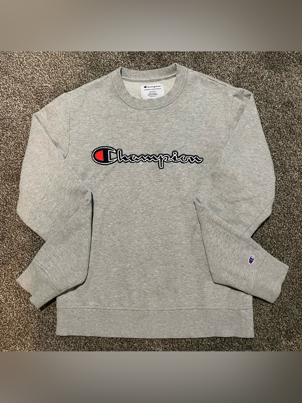 Champion Gray Crewneck Sweatshirt with Red & Navy Embroidered Patch Logo